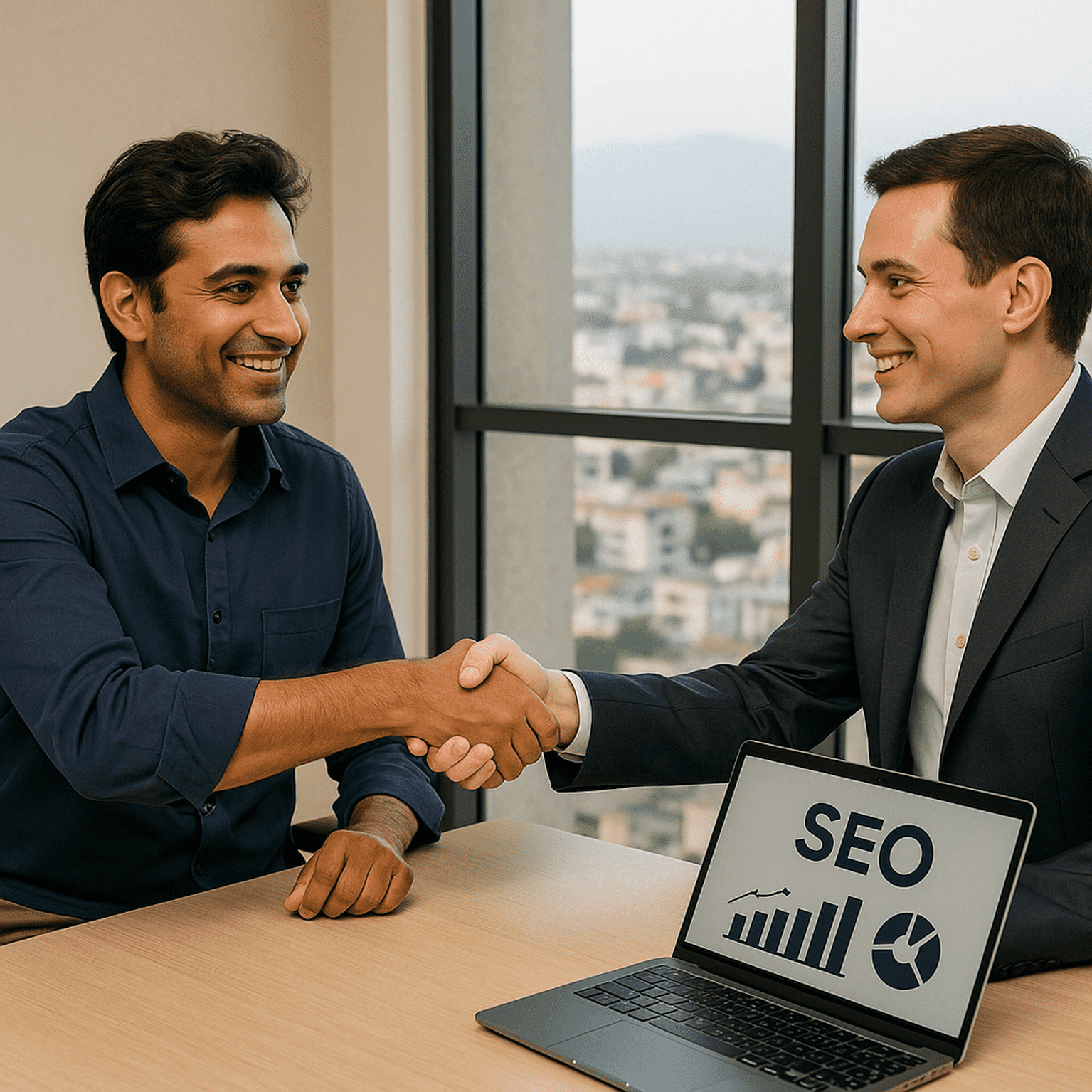 Business owner shaking hands with SEO consultant in Dehradun office with laptop showing growth