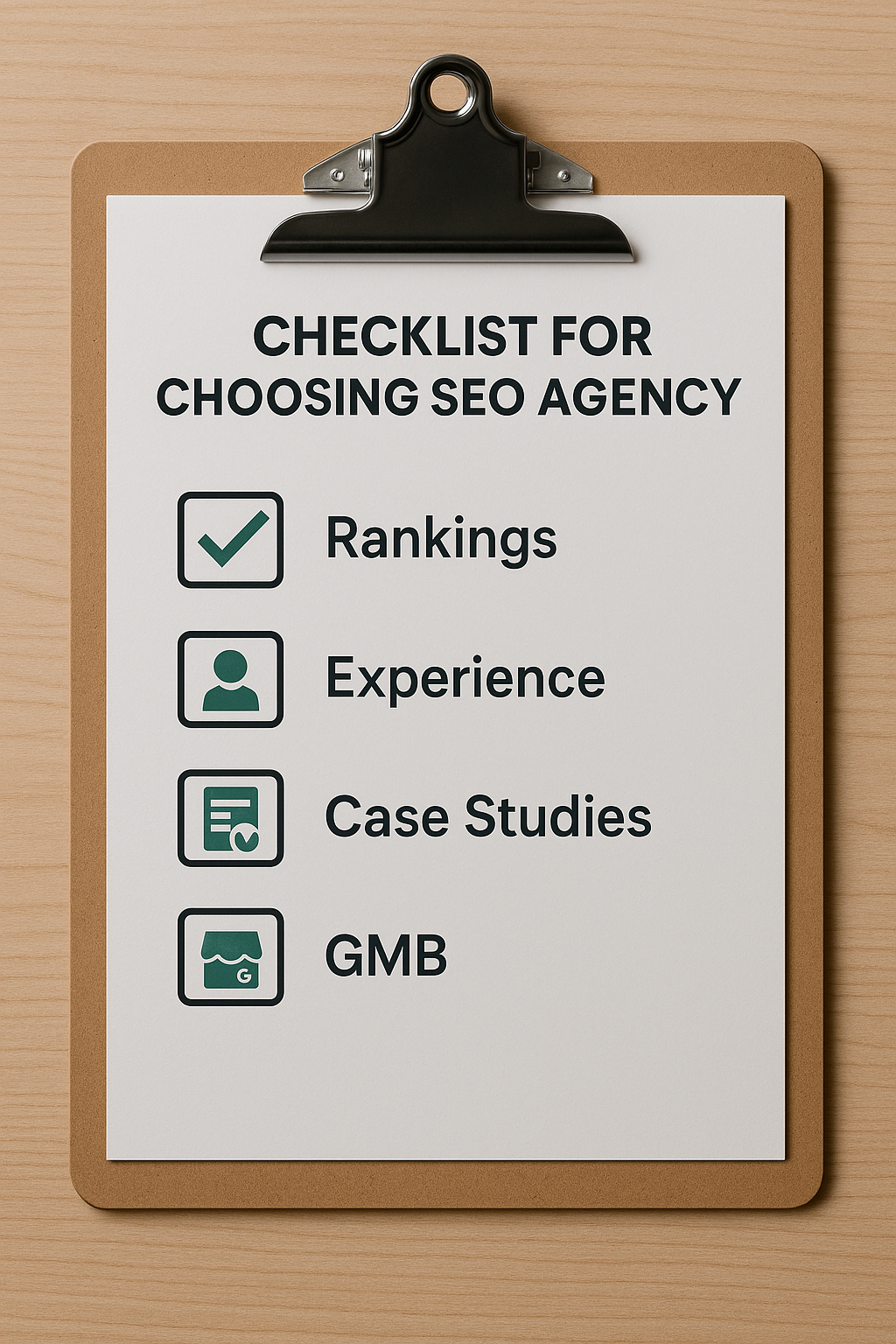 SEO agency selection checklist with icons for rankings, case studies, and Google My Business